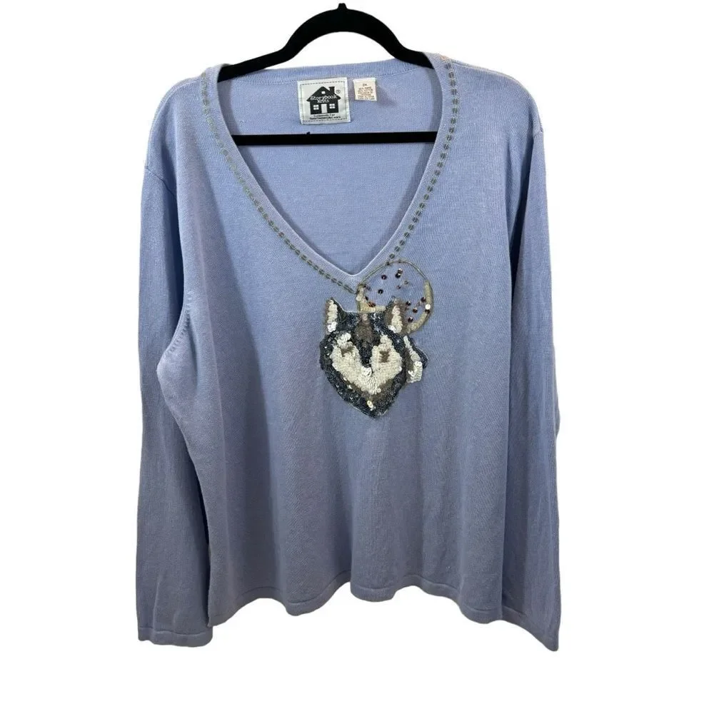 Ladies Limited Edition Storybook Knits Blue “Wolf Moon” V Neck Sweater Size‎ 2X